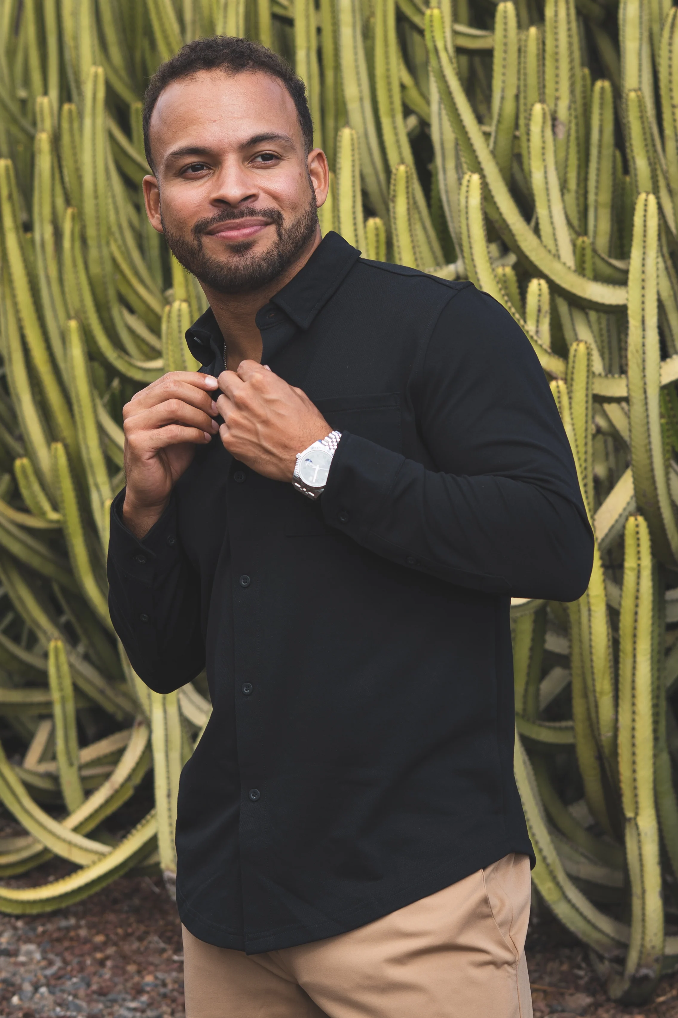 Performance Pique Button Down Shirt Black - Image 3