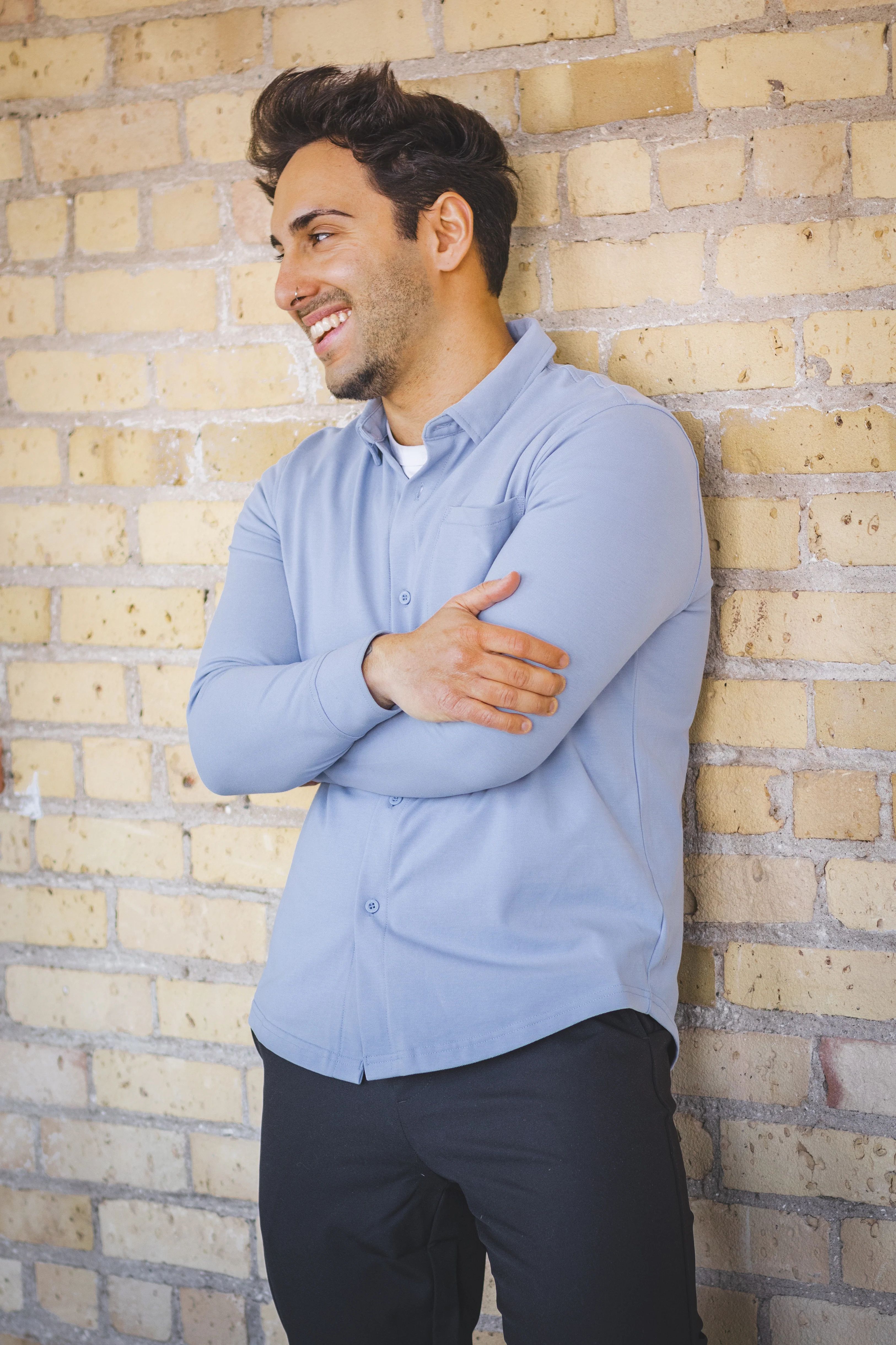 Performance Pique Button Down Shirt Light Blue - Image 16