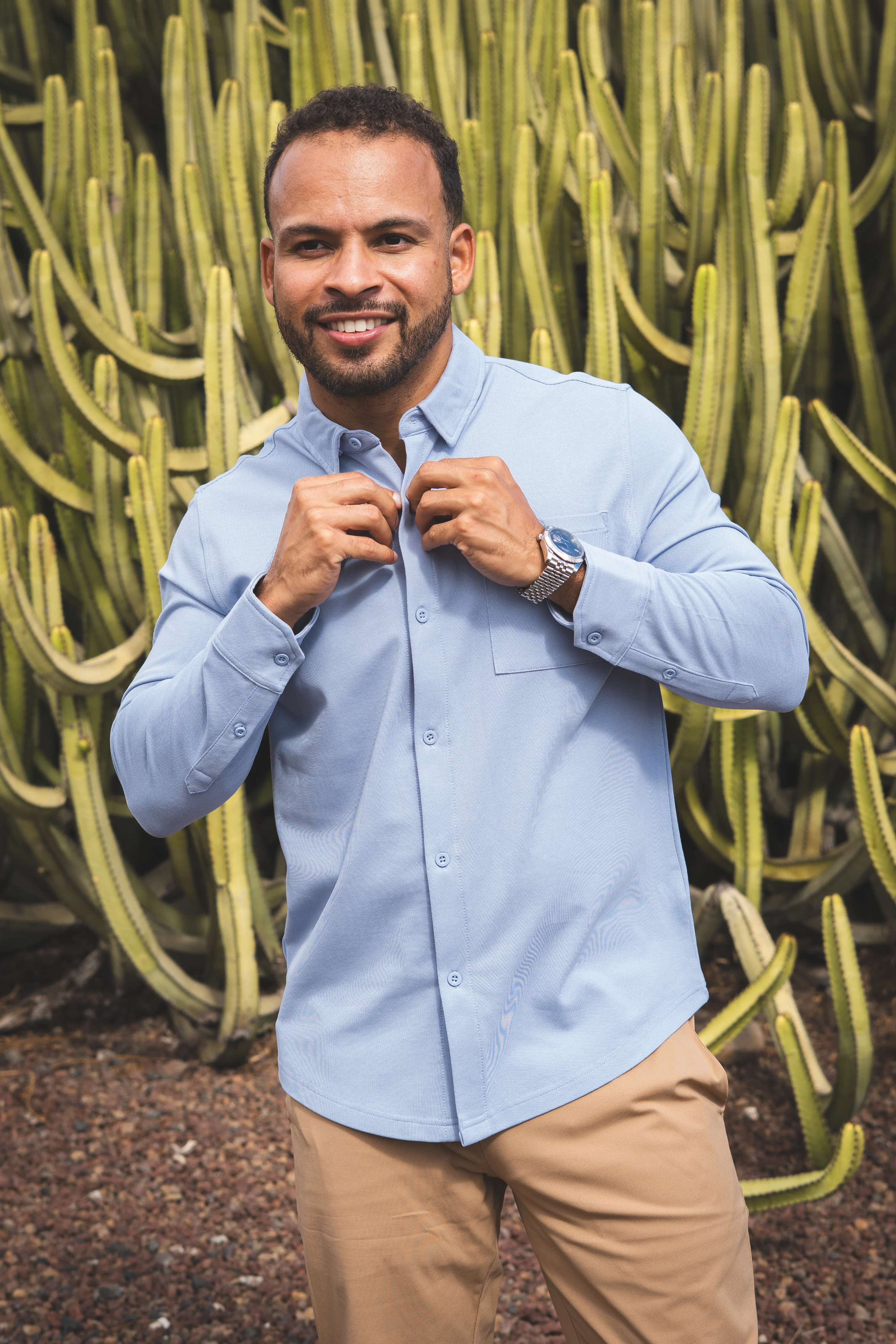 Performance Pique Button Down Shirt Light Blue - Image 3