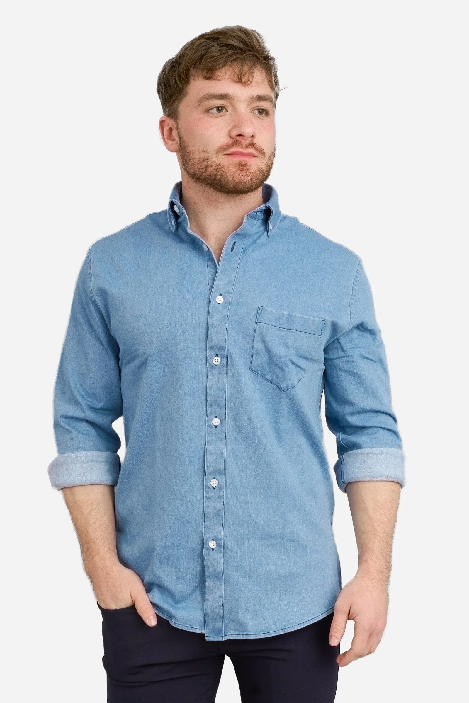 Stretch Denim Button Down Shirt Light Wash - Image 10