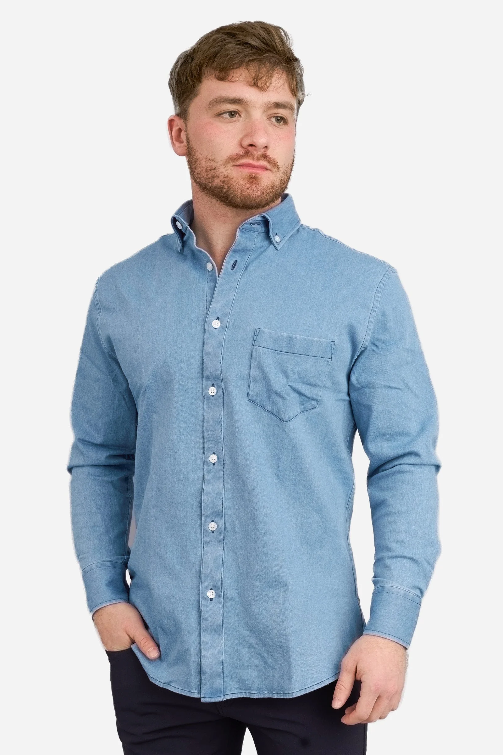 Stretch Denim Button Down Shirt Light Wash - Image 9