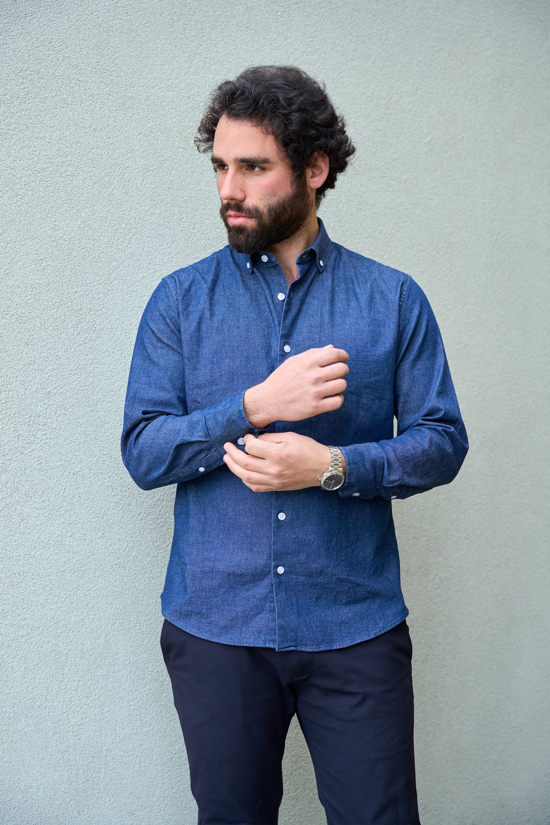 Stretch Denim Button Down Shirt Medium Wash - Image 6