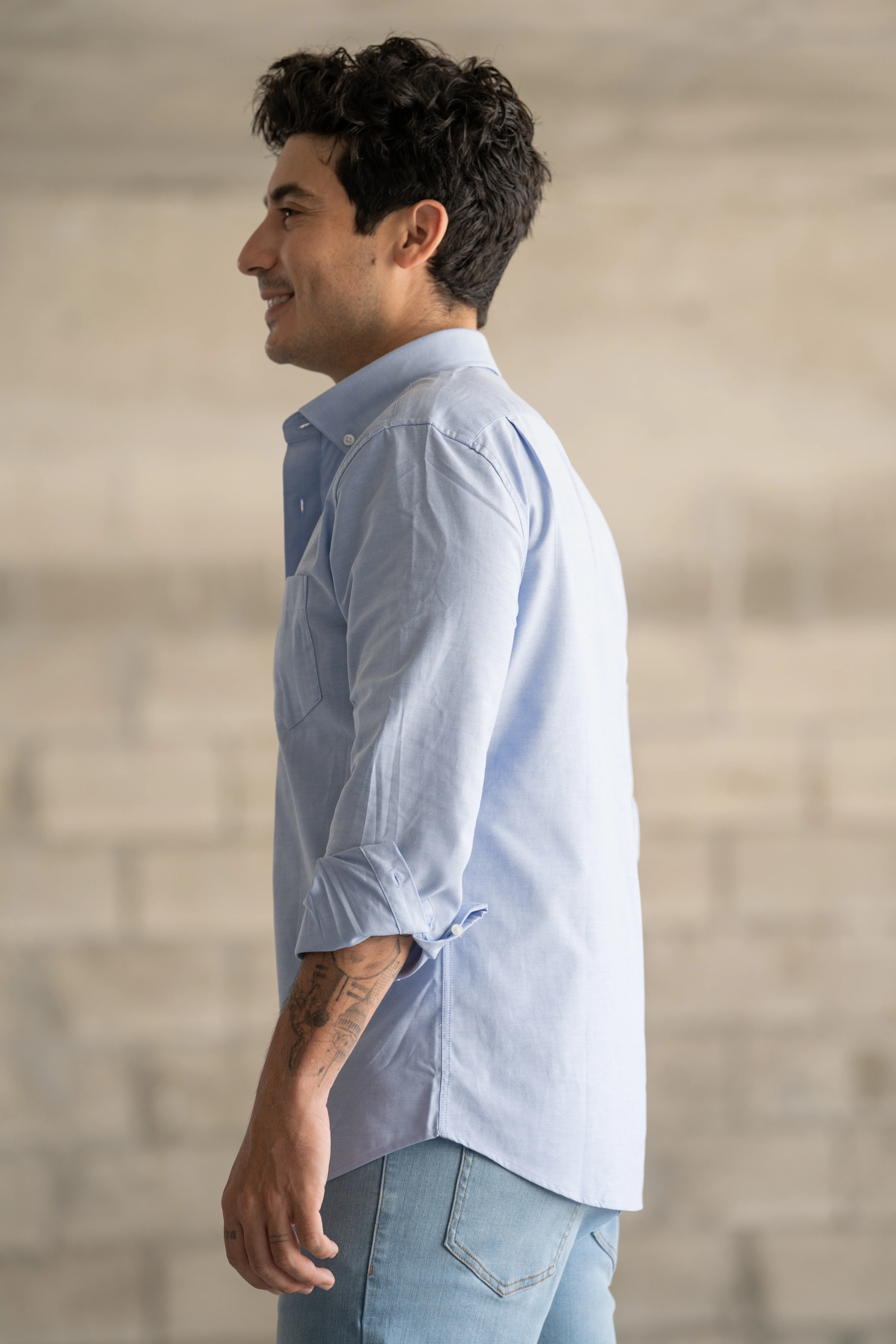 Stretch Oxford Button Down Shirt Light Blue - Image 7