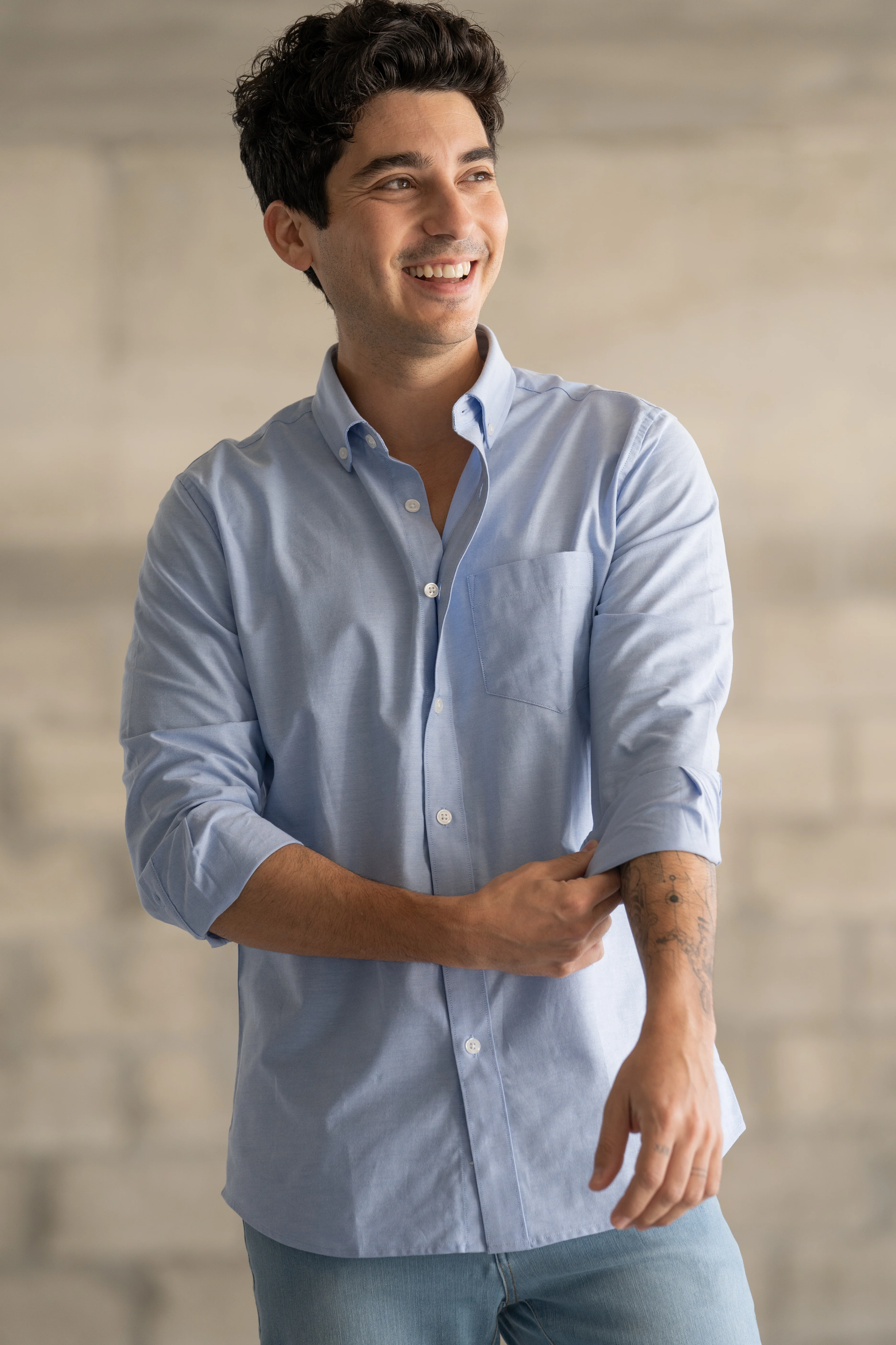 Stretch Oxford Button Down Shirt Light Blue - Image 8