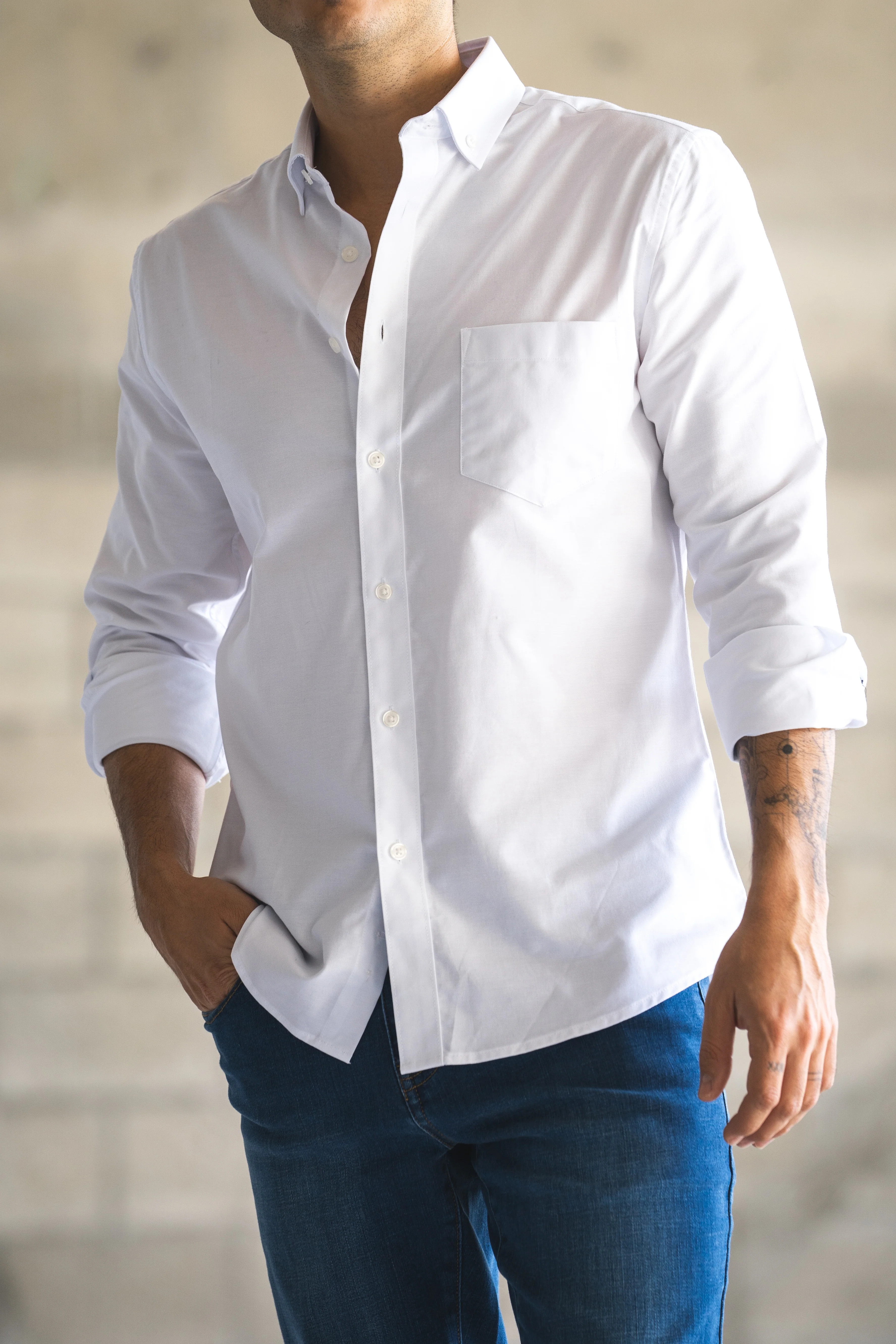 Stretch Oxford Button Down Shirt White - Image 4